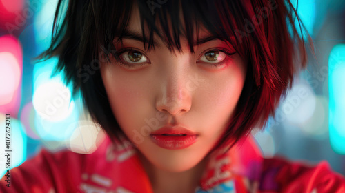 A stunning portrait of an Asian girl, embodying the vibrant and dreamy essence of the s psychedelic art style. photo