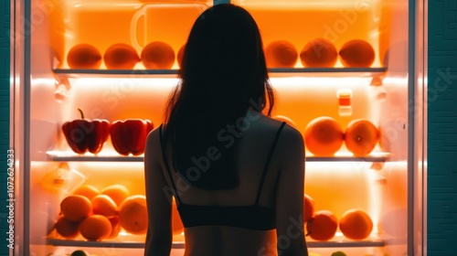 A woman searches her refrigerator late at night, craving a midnight snack to satisfy her hunger.