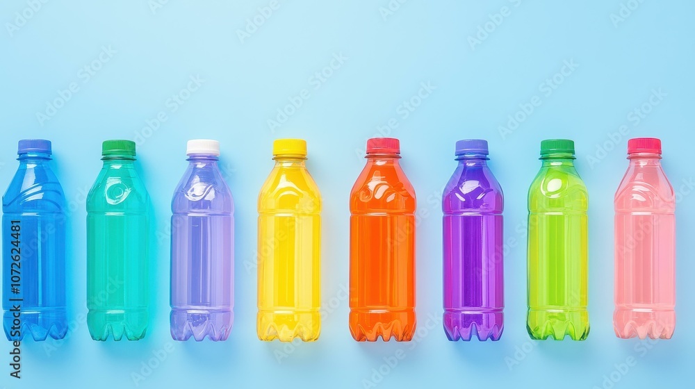Bright, vibrant plastic bottles arranged neatly against a blue backdrop, showcasing the power of recycling and ecoconscious choices. Bright, vibrant plastic bottles arranged neatly against a blue backdrop, showcasing the power of recycling and ecoconscious choices.