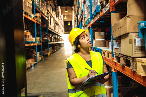 Female warehouse worker inspecting inventory and taking notes photo