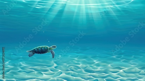 Celebrate World Oceans Day with a vibrant illustration of a small turtle gliding gracefully in crystalclear waters.