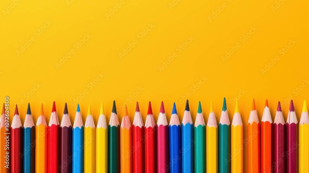 Bright and vibrant colored pencils create a fun border on a sunny yellow backdrop, perfect for ads and banners. Bright and vibrant colored pencils create a fun border on a sunny yellow backdrop, perfect for ads and banners.