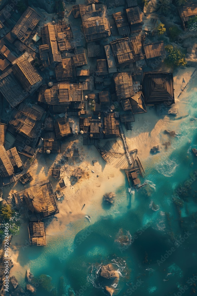 Obraz premium Pirate Island Tabletop RPG Map, Tropical Coast Fantasy Roleplaying Exterior Town Ocean Dungeon Village Battlemap, Adventure Games Beach Encounter Gaming Art Design, TTRPG Building Architecture Concept