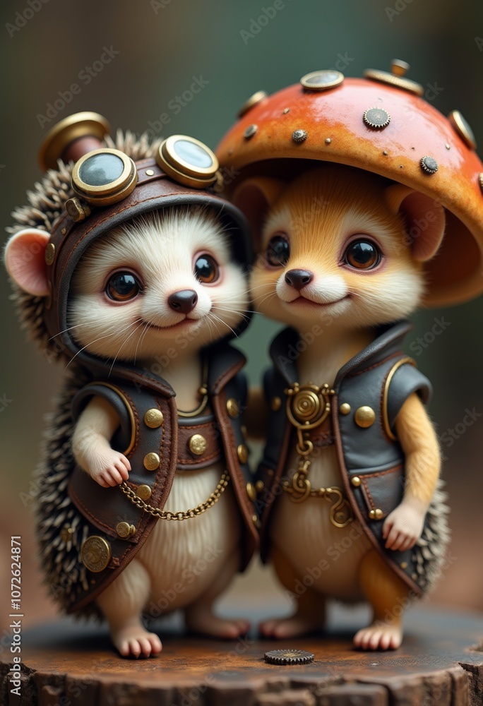 Adorable creatures dressed in steampunk attire pose together in a whimsical forest setting during a sunny afternoon Adorable creatures dressed in steampunk attire pose together in a whimsical forest setting during a sunny afternoon