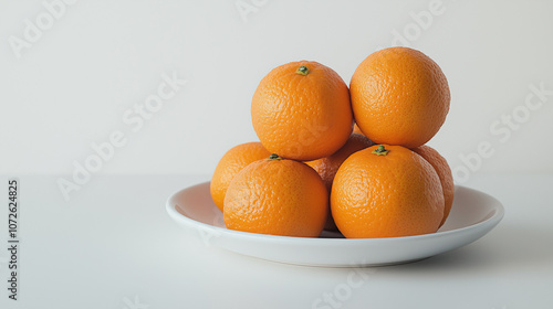 Fresh oranges in a stack of four on a white plate isolated on white background for Chinese New Year celebration.Copy space. photo