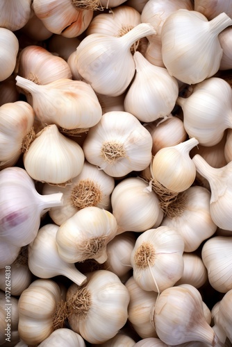 A close-up shot of a bunch of whole garlic bulbs.