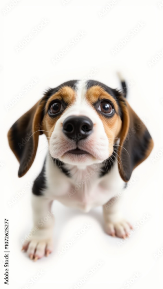 Generative AI, Close-up of a two-month-old Beagle puppy with gentle, curious expression against white background