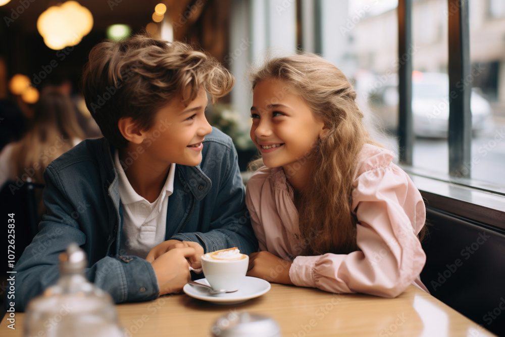 Teenage kids hug looking at each other with amour. First love, relatioship, friendship and emotions concept Teenage kids hug looking at each other with amour. First love, relatioship, friendship and emotions concept
