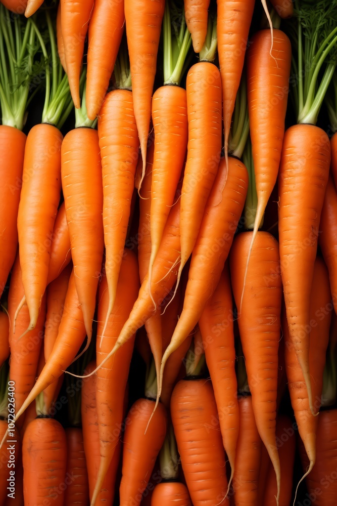 A close-up shot of fresh, orange carrots with green tops arranged in rows on a black background. A close-up shot of fresh, orange carrots with green tops arranged in rows on a black background.
