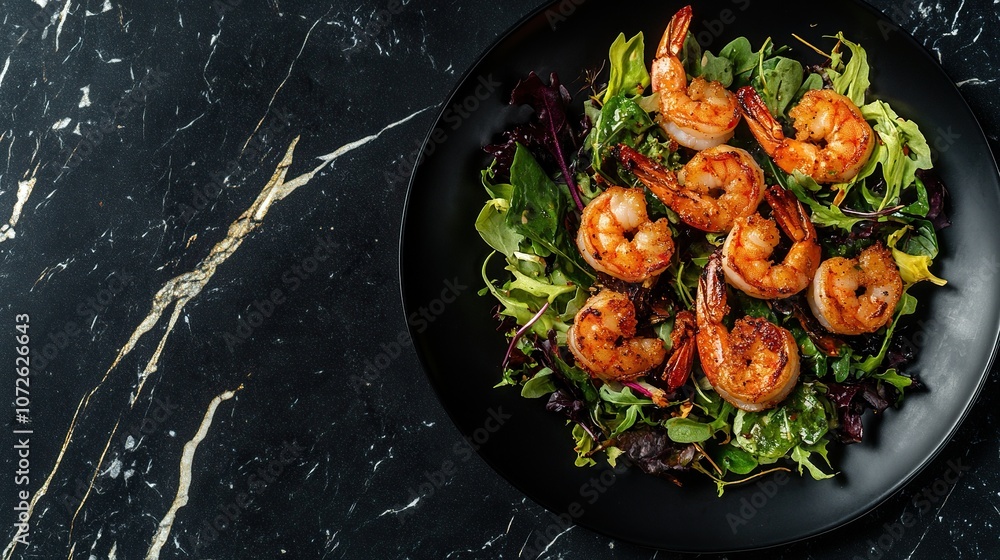 Roasted Crispy Shrimps Prawns on a marble board with green salad. Black background. Top view Roasted Crispy Shrimps Prawns on a marble board with green salad. Black background. Top view