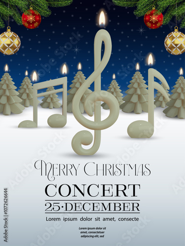 christmas concert flyer with musical note shaped candles. christmas concert poster with candles and pine branches on winter landscape