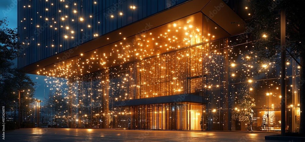 Modern building with a glass facade illuminated by warm, yellow lights. The entrance is highlighted with large glass doors. Modern building with a glass facade illuminated by warm, yellow lights. The entrance is highlighted with large glass doors.