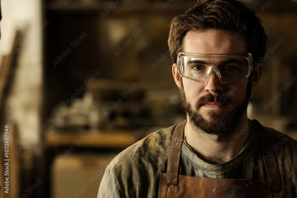 Erfahrener Handwerker Porträt Werkstatt Schutzbrille ernster Blick Arbeitskleidung authentisch Werkstattumgebung industrielles Setting reife Ausstrahlung Konzentration Holzarbeit Handwerkskunst Detail Erfahrener Handwerker Porträt Werkstatt Schutzbrille ernster Blick Arbeitskleidung authentisch Werkstattumgebung industrielles Setting reife Ausstrahlung Konzentration Holzarbeit Handwerkskunst Detail
