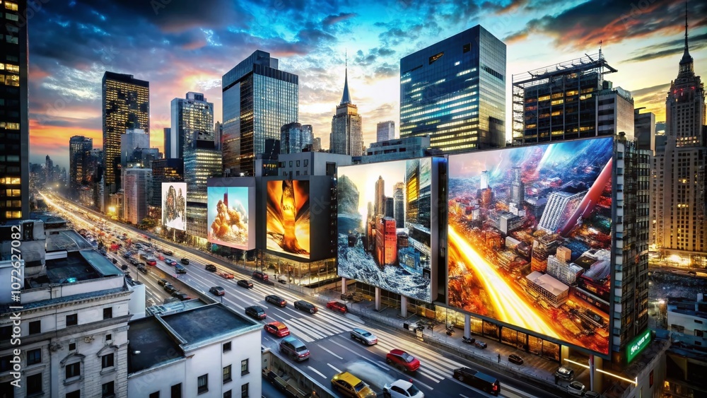 Fototapeta premium Aerial Black and White Photography of Animated Banners in Urban Landscapes: A Unique Perspective on Dynamic Advertising Displays