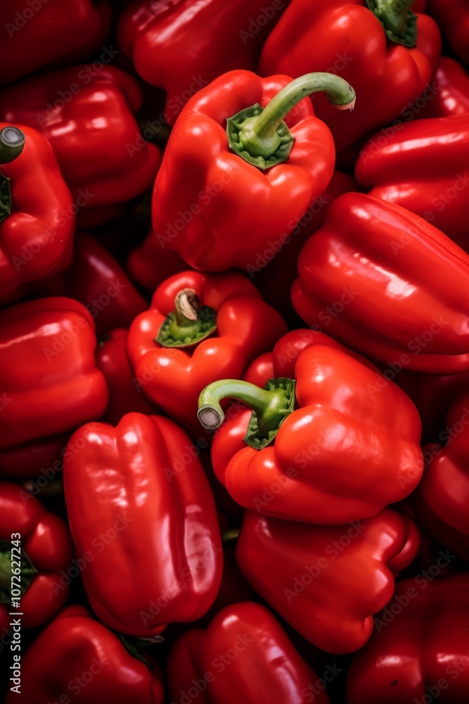 A close-up view of a pile of red bell peppers. A close-up view of a pile of red bell peppers.