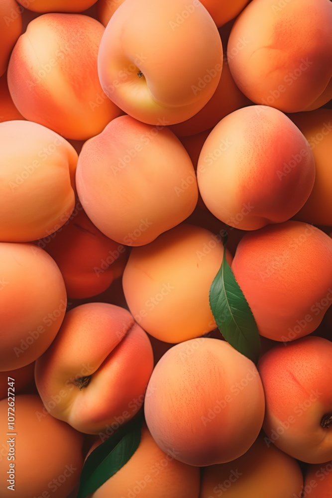 A close-up view of a pile of ripe peaches with a green leaf. A close-up view of a pile of ripe peaches with a green leaf.