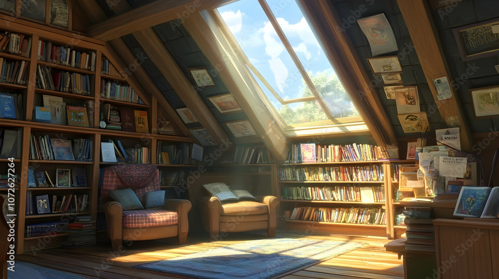 A cozy attic library with two armchairs, a desk, and a skylight, filled with bookshelves and sunlight streaming through the window. A cozy attic library with two armchairs, a desk, and a skylight, filled with bookshelves and sunlight streaming through the window.