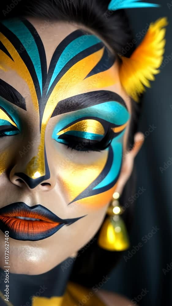 A woman with striking makeup in gold, blue, and black stares intensely A woman with striking makeup in gold, blue, and black stares intensely