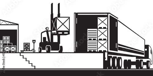 Forklift loading pallets in a truck in warehouse - vector illustration