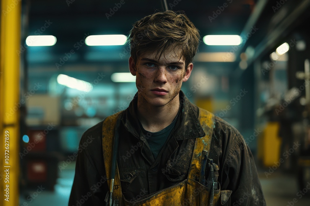 Junger Handwerker Porträt geräumige Werkhalle selbstbewusster Blick Schmutz Gesicht Arbeitskleidung authentische Atmosphäre industrielles Umfeld handwerkliche Arbeit Konzentration junges Talent Werkst Junger Handwerker Porträt geräumige Werkhalle selbstbewusster Blick Schmutz Gesicht Arbeitskleidung authentische Atmosphäre industrielles Umfeld handwerkliche Arbeit Konzentration junges Talent Werkst