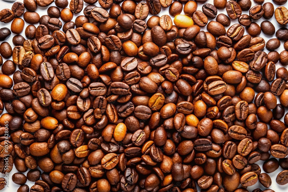 Aerial Photography of Roasted Coffee Beans on a Crisp White Background Highlighting Their Rich Color and Texture, Perfect for Coffee Lovers and Beverage Enthusiasts Aerial Photography of Roasted Coffee Beans on a Crisp White Background Highlighting Their Rich Color and Texture, Perfect for Coffee Lovers and Beverage Enthusiasts