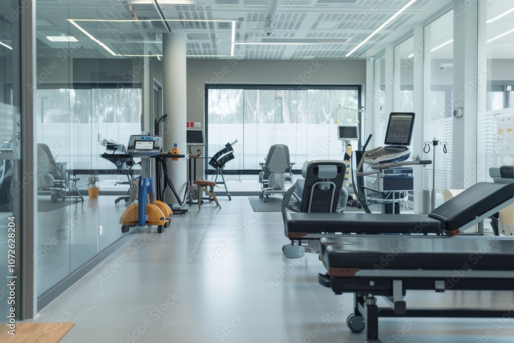 Interior of a ultra modern rehabilitation center with tech assisted tools Interior of a ultra modern rehabilitation center with tech assisted tools