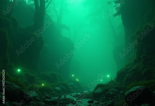 Wallpaper Mural Mysterious green mist shrouds a serene forest creek surrounded by towering rocks at twilight in an enchanting woodland Torontodigital.ca