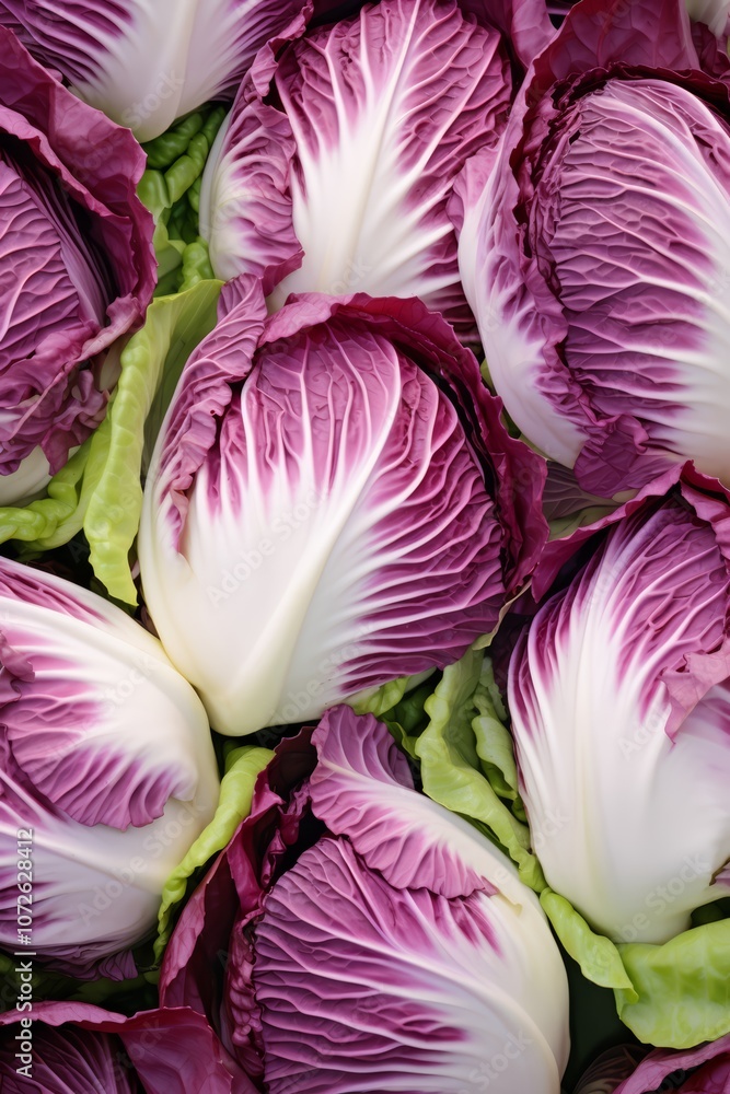 Obraz premium Close-up of a group of fresh red cabbages with white veins.