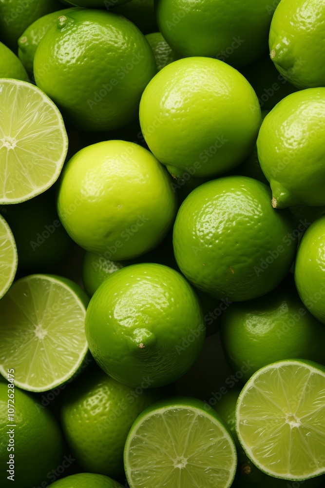 Close-up of a group of limes, some cut in half, showing the juicy flesh and green rind. Close-up of a group of limes, some cut in half, showing the juicy flesh and green rind.