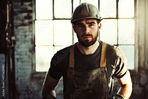 Handwerker Porträt Industriekulisse Sonneneinstrahlung Schutzhelm Sicherheitsbrille konzentrierter Blick Arbeitskleidung moderner Arbeiter Baustelle Werkhalle professionelles Auftreten Industrieambien photo