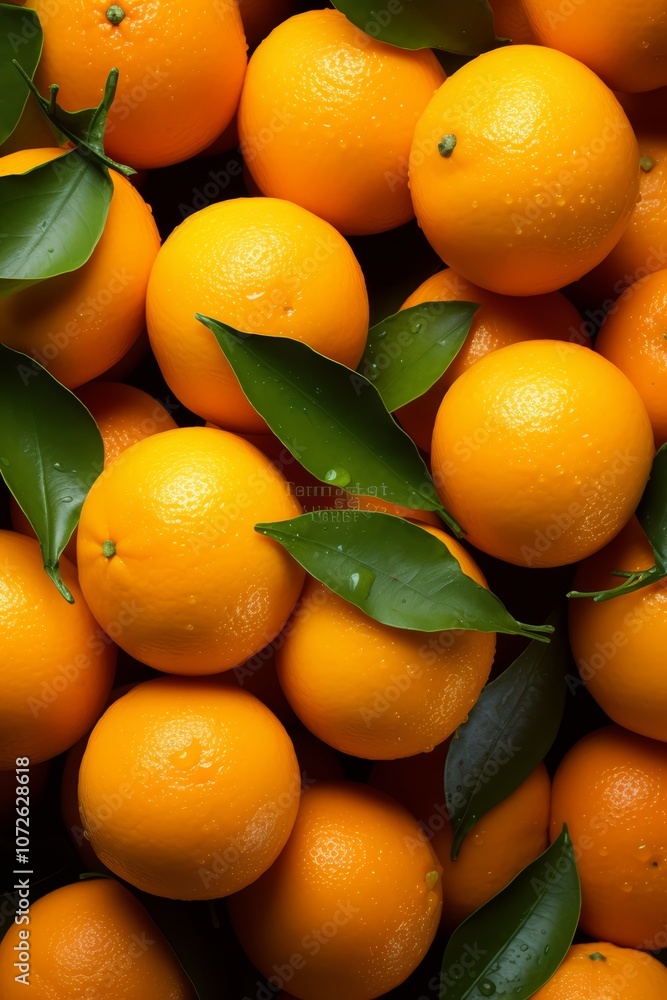 Close-up of a pile of fresh oranges with green leaves. Close-up of a pile of fresh oranges with green leaves.