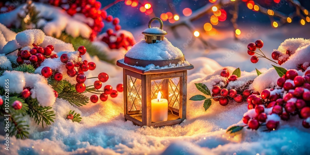 Aerial View of a Beautiful Christmas Lantern Surrounded by Snow and Holly Berries, Capturing the Magic of Winter and Holiday Cheer in a Serene Landscape Aerial View of a Beautiful Christmas Lantern Surrounded by Snow and Holly Berries, Capturing the Magic of Winter and Holiday Cheer in a Serene Landscape