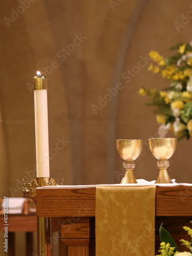 Catholic Church Eucharistic wine chalices glasses on altar