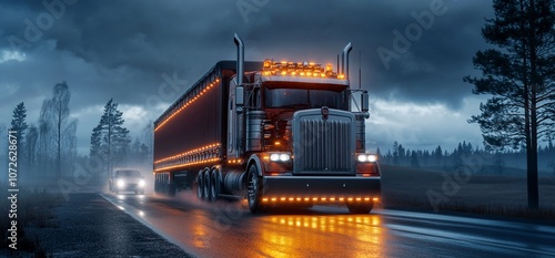 Semi-truck with trailer driving on a wet road at night with a car following behind. photo