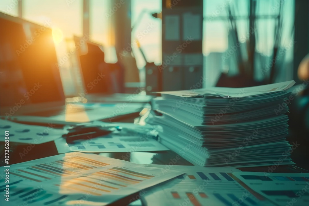 Collection of business analytics charts and graphs stacked on each other on paper on desk in office Collection of business analytics charts and graphs stacked on each other on paper on desk in office