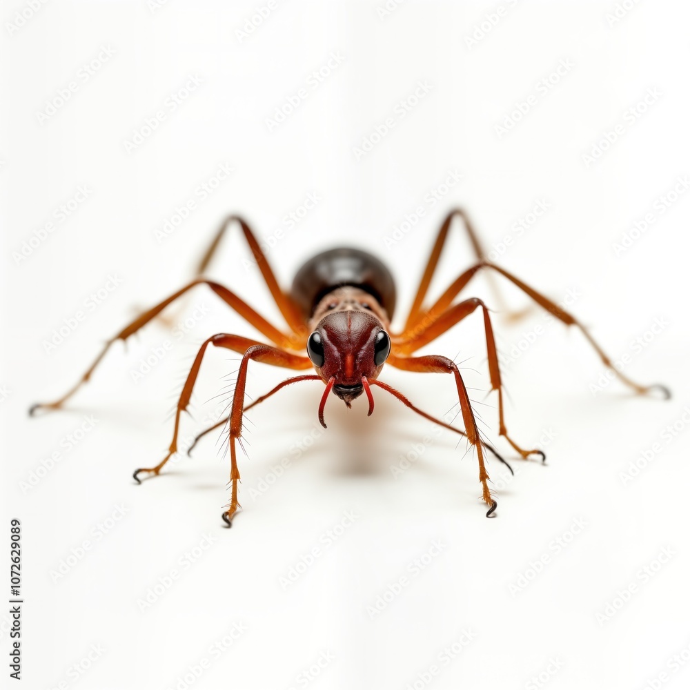 Red ant with long legs and black head on a white background. Ant standing on all legs. Close up macro photo of an insect. Nature wildlife, entomology, fauna. Red ant with long legs and black head on a white background. Ant standing on all legs. Close up macro photo of an insect. Nature wildlife, entomology, fauna.