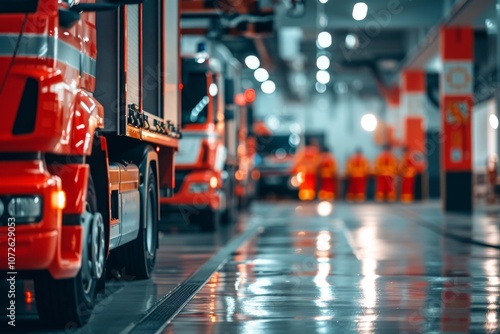 Fire station garage with fire trucks parked inside