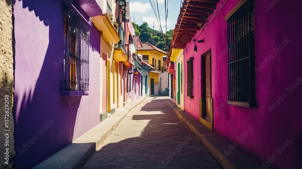 Obraz premium Vibrant colorful alley in historic colonial town, bright buildings with blue sky, travel agency destination, advertising of travel agencies concept