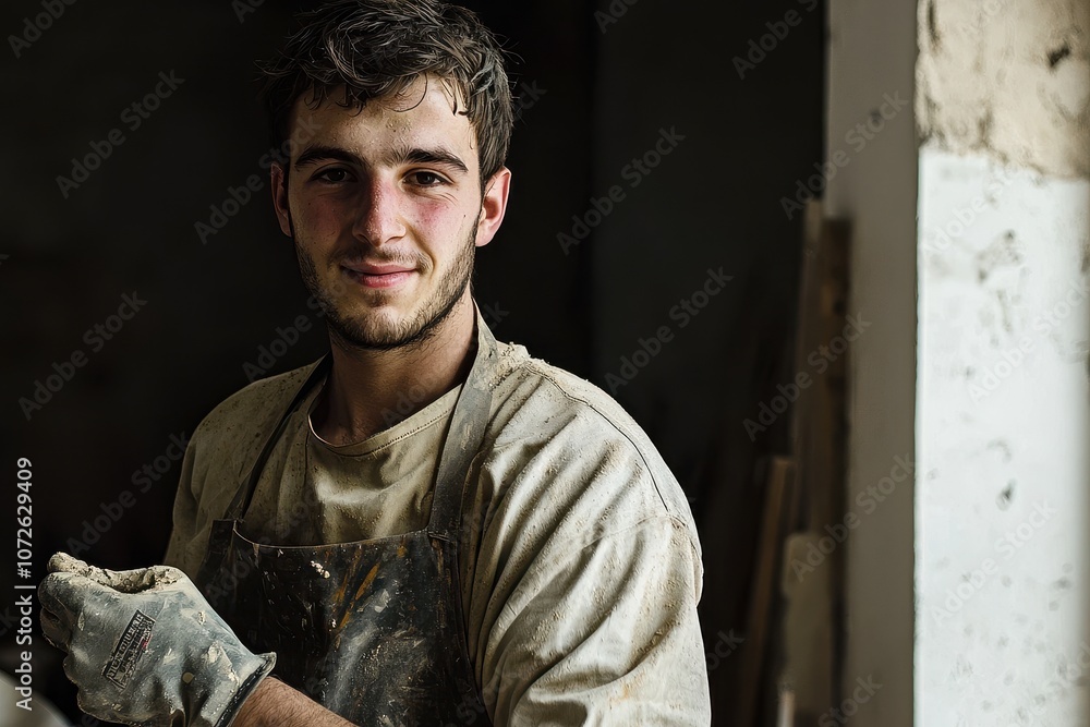 Obraz premium Handwerker Porträt Industriekulisse Sonneneinstrahlung Schutzhelm Sicherheitsbrille konzentrierter Blick Arbeitskleidung moderner Arbeiter Baustelle Werkhalle professionelles Auftreten Industrieambien