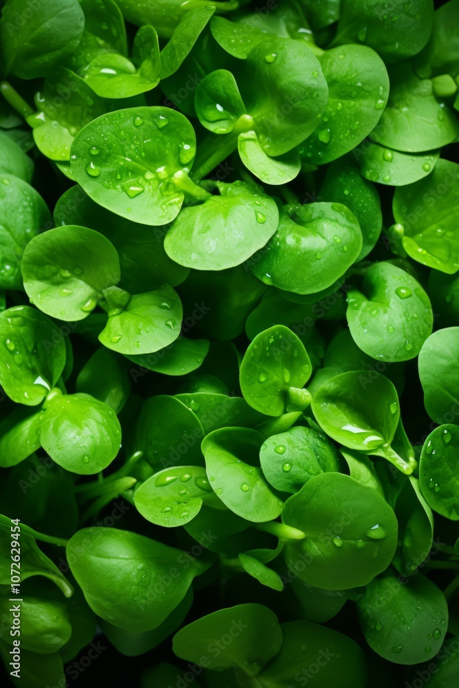 Fototapeta premium Close-up of fresh green leaves with water droplets.