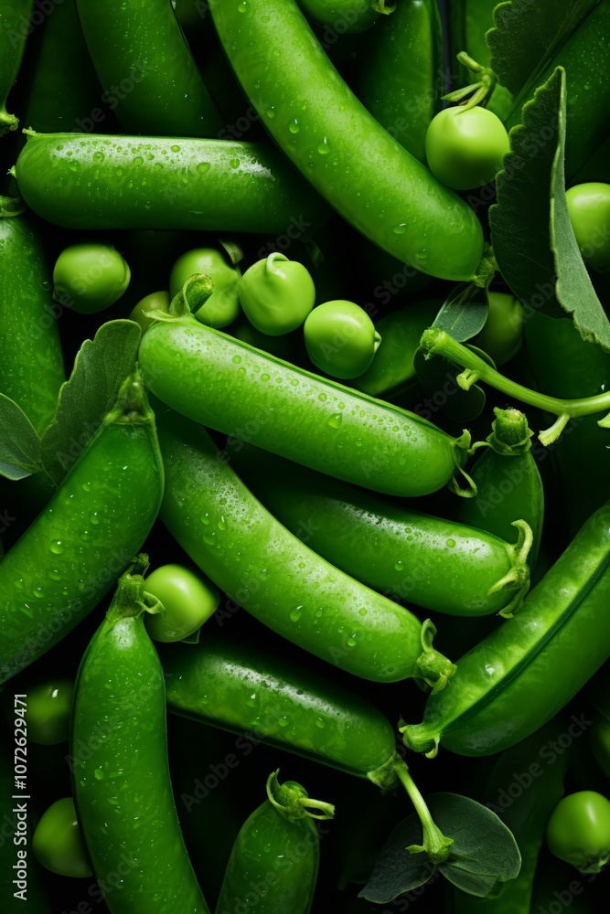 Close-up of fresh green peas with water drops. Close-up of fresh green peas with water drops.