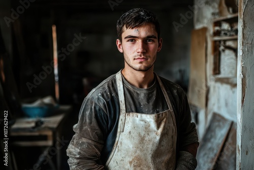 Handwerker Porträt Industriekulisse Sonneneinstrahlung Schutzhelm Sicherheitsbrille konzentrierter Blick Arbeitskleidung moderner Arbeiter Baustelle Werkhalle professionelles Auftreten Industrieambien photo