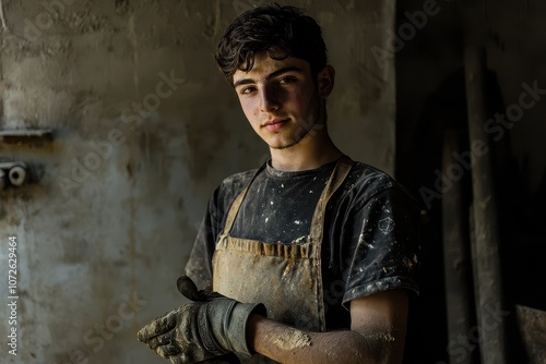 Handwerker Porträt Industriekulisse Sonneneinstrahlung Schutzhelm Sicherheitsbrille konzentrierter Blick Arbeitskleidung moderner Arbeiter Baustelle Werkhalle professionelles Auftreten Industrieambien photo