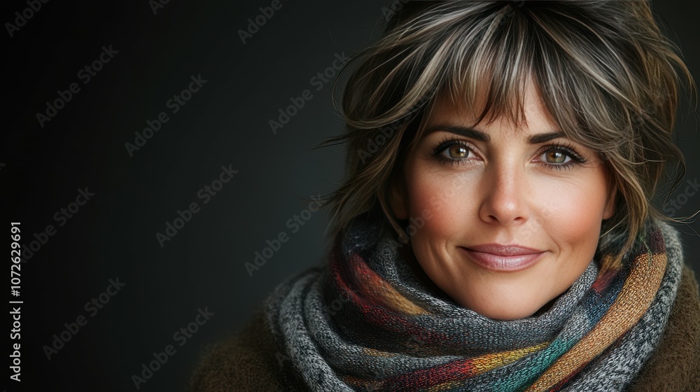 A woman with a scarf around her neck and a smile on her face. The scarf is multicolored and has a pattern A woman with a scarf around her neck and a smile on her face. The scarf is multicolored and has a pattern