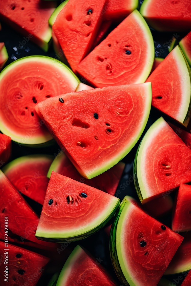 Close-up of fresh, juicy watermelon slices arranged on a dark surface. Close-up of fresh, juicy watermelon slices arranged on a dark surface.
