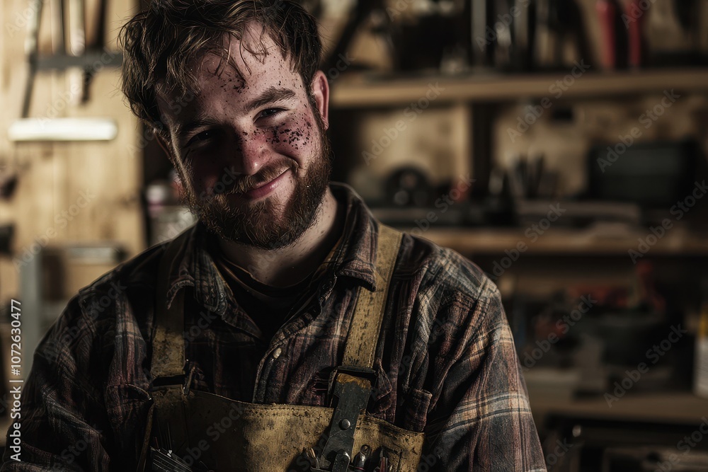 Junger Handwerker Porträt Holzarbeiter Werkstatt Nahaufnahme Handwerk Mann mit Bart Zimmermann Arbeit Kleidung rustikal männlich Werkzeuge Hintergrund Arbeitspause authentisch Schmutz Gesicht Junger Handwerker Porträt Holzarbeiter Werkstatt Nahaufnahme Handwerk Mann mit Bart Zimmermann Arbeit Kleidung rustikal männlich Werkzeuge Hintergrund Arbeitspause authentisch Schmutz Gesicht