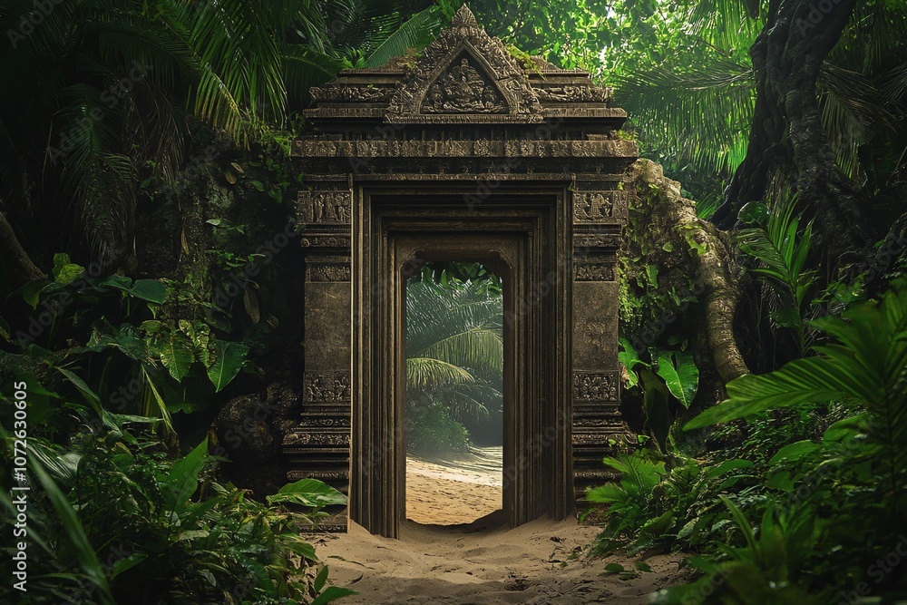 An ancient building ruin with a doorway in a jungle, an archaeology site An ancient building ruin with a doorway in a jungle, an archaeology site