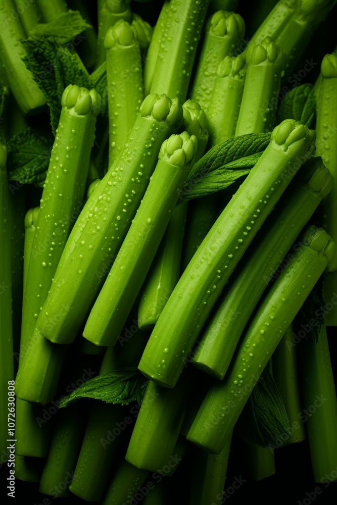 Fresh green celery stalks with water droplets arranged in a close-up pattern.