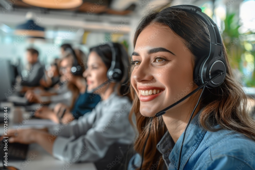 Smiling call center agent wearing headset Smiling call center agent wearing headset