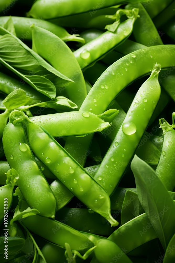 Fresh green pea pods with dew drops on a dark background. Fresh green pea pods with dew drops on a dark background.